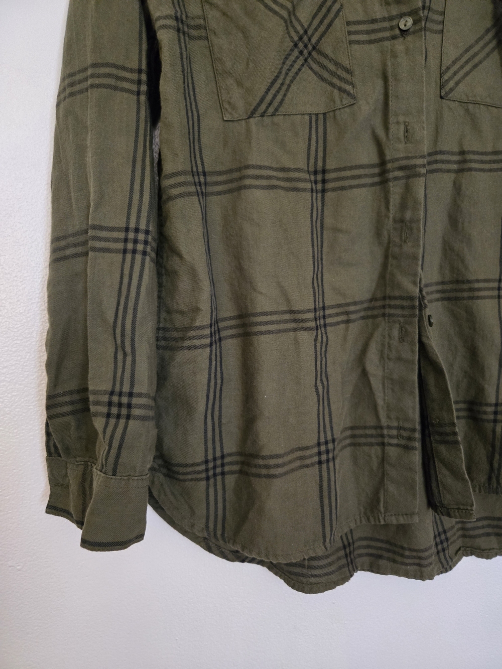 4/$15 Olive Green Plaid Button-Up Shirt Fisherman Top Women's Sz 8 Boho Casual - Picture 3 of 7